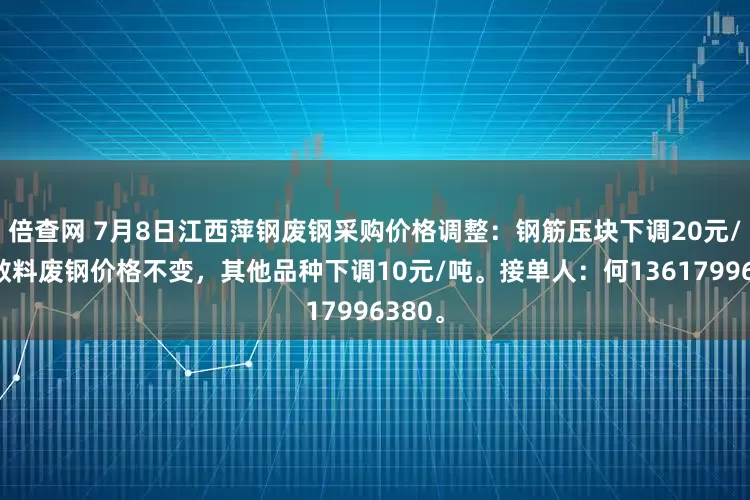 倍查网 7月8日江西萍钢废钢采购价格调整：钢筋压块下调20元/吨，散料废钢价格不变，其他品种下调10元/吨。接单人：何13617996380。